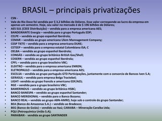 BRASIL – principais privatizações
• CSN -
• Vale do Rio Doce foi vendida por $ 3,2 bilhões de Dólares. Esse valor corresponde ao lucro da empresa em
apenas um semestre. Hoje, seu valor no mercado é de $ 196 bilhões de Dólares;
• AES SUL (CEEE Distribuição) – vendida para a empresa americana AES;
• BANDEIRANTE Energia – vendida para o grupo Português EDP;
• CELPE – vendida ao grupo espanhol Iberdrola;
• CEMAR – vendida ao grupo americano Ulem Mannagement Company;
• CESP TIETE – vendida para a empresa americana DUKE;
• CETEEP – vendida para a empresa estatal Colombiana ISA; C
• OELBA – vendida ao grupo espanhol Iberdrola;
• CONGÁS – vendida ao grupo britânico British Gas/Shell;
• COSERN – vendida ao grupo espanhol Iberdrola;
• CPFL – vendida para o grupo brasileiro VBC;
• ELEKTRO – vendida para a empresa americana ENRON;
• ELETROPAULO – vendida para a empresa americana AES;
• ESCELSA – vendida ao grupo português GTD Participações, juntamente com o consorcio de Bancos Iven S.A;
• GERASUL – vendida para empresa Belga Tractebel;
• LIGHT- vendida ao grupo francês e americano EDF/AES;
• RGE – vendida para o grupo brasileiro VBC;
• BAMERINDUS – vendido ao grupo britânico HSBC;
• BANCO BANESPA – vendido ao grupo espanhol Santander;
• BANCO MERIDIONAL – vendido para o Banco Bozano;
• BANCO REAL – vendido ao grupo ABN-AMRO, hoje sob o controle do grupo Santander;
• BEA (Banco do Amazonas S.A.) – vendido ao Bradesco;
• BEG (Banco de Goiás) – vendido ao Itaú; CARAIBA – Mineração Caraíba Ltda;
• PQU (Petroquímica União S.A);
• PARAIBAN - vendida ao grupo SANTANDER
 