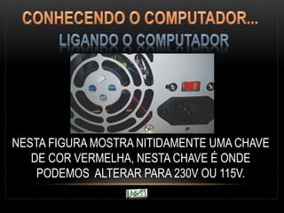 NESTA FIGURA MOSTRA NITIDAMENTE UMA CHAVE
DE COR VERMELHA, NESTA CHAVE É ONDE
PODEMOS ALTERAR PARA 230V OU 115V.
 