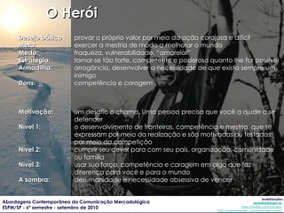 O Herói Desejo básico : provar o próprio valor por meio da ação corajosa e difícil Meta: exercer a mestria de modo a melhorar o mundo Medo: fraqueza, vulnerabilidade, “amarelar” Estratégia: tornar-se tão forte, competente e poderoso quanto lhe for possível Armadilha: arrogância, desenvolver a necessidade de que exista sempre um inimigo Dons: competência e coragem Motivação: um desafio o chama. Uma pessoa precisa que você a ajude a se defender Nível 1: o desenvolvimento de fronteiras, competência e mestria, que se expressam por meio da realização e são motivadas ou testadas por meio da competição Nível 2: cumprir seu dever para com seu país, organização, comunidade ou família Nível 3: usar sua força, competência e coragem em algo que faz diferença para você e para o mundo A sombra: desumanidade e necessidade obsessiva de vencer 