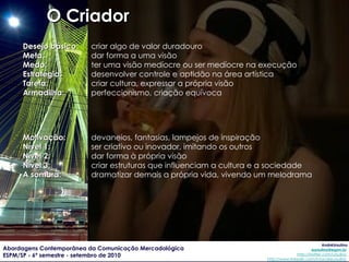 Desejo básico : criar algo de valor duradouro Meta: dar forma a uma visão Medo: ter uma visão medíocre ou ser medíocre na execução Estratégia: desenvolver controle e aptidão na área artística Tarefa: criar cultura, expressar a própria visão Armadilha: perfeccionismo, criação equívoca Motivação: devaneios, fantasias, lampejos de inspiração Nível 1: ser criativo ou inovador, imitando os outros Nível 2: dar forma à própria visão Nível 3: criar estruturas que influenciam a cultura e a sociedade A sombra: dramatizar demais a própria vida, vivendo um melodrama O Criador 