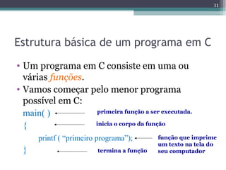 Estrutura básica de um programa em C
• Um programa em C consiste em uma ou
várias funções.
• Vamos começar pelo menor programa
possível em C:
main( )
{
printf ( “primeiro programa”);
}
primeira função a ser executada.
inicia o corpo da função
termina a função
função que imprime
um texto na tela do
seu computador
11
 