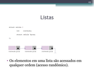 Listas
25
• Os elementos em uma lista são acessados em
qualquer ordem (acesso randômico).
 
