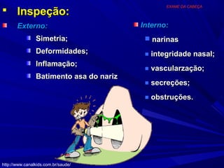 EXAME DA CABEÇA
      Inspeção:
       Externo:                          Interno:
                Simetria;                  narinas
                Deformidades;             ■ integridade nasal;
                Inflamação;
                                          ■ vascularzação;
                Batimento asa do nariz
                                          ■ secreções;

                                          ■ obstruções.




http://www.canalkids.com.br/saude/
 