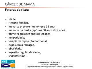 CÂNCER DE MAMA
Fatores de risco:
- Idade
- História familiar,
- menarca precoce (menor que 12 anos),
- menopausa tardia (após os 50 anos de idade),
- primeira gravidez após os 30 anos,
- nuliparidade,
- terapia de reposição hormonal,
- exposição a radiação,
- obesidade,
- ingestão regular de álcool,
- sedentarismo.
Saúde da Mulher • Profa. Dra. Carla Marins
 