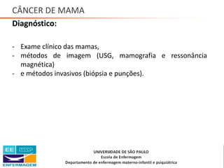 CÂNCER DE MAMA
Diagnóstico:
- Exame clínico das mamas,
- métodos de imagem (USG, mamografia e ressonância
magnética)
- e métodos invasivos (biópsia e punções).
Saúde da Mulher • Profa. Dra. Carla Marins
 