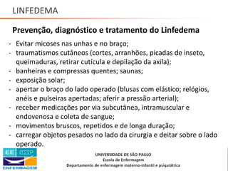 LINFEDEMA
Prevenção, diagnóstico e tratamento do Linfedema
- Evitar micoses nas unhas e no braço;
- traumatismos cutâneos (cortes, arranhões, picadas de inseto,
queimaduras, retirar cutícula e depilação da axila);
- banheiras e compressas quentes; saunas;
- exposição solar;
- apertar o braço do lado operado (blusas com elástico; relógios,
anéis e pulseiras apertadas; aferir a pressão arterial);
- receber medicações por via subcutânea, intramuscular e
endovenosa e coleta de sangue;
- movimentos bruscos, repetidos e de longa duração;
- carregar objetos pesados no lado da cirurgia e deitar sobre o lado
operado.
Saúde da Mulher • Profa. Dra. Carla Marins
 