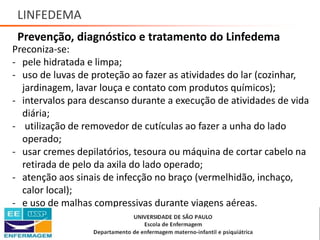 LINFEDEMA
Prevenção, diagnóstico e tratamento do Linfedema
Preconiza-se:
- pele hidratada e limpa;
- uso de luvas de proteção ao fazer as atividades do lar (cozinhar,
jardinagem, lavar louça e contato com produtos químicos);
- intervalos para descanso durante a execução de atividades de vida
diária;
- utilização de removedor de cutículas ao fazer a unha do lado
operado;
- usar cremes depilatórios, tesoura ou máquina de cortar cabelo na
retirada de pelo da axila do lado operado;
- atenção aos sinais de infecção no braço (vermelhidão, inchaço,
calor local);
- e uso de malhas compressivas durante viagens aéreas.
Saúde da Mulher • Profa. Dra. Carla Marins
 