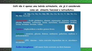 Café não é apenas uma bebida estimulante, ele já é considerado
como um alimento funcional e nutracêutico.
 
