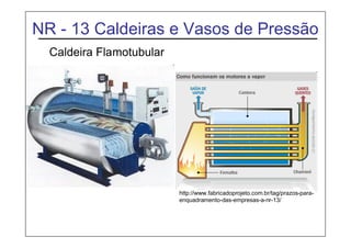 NR - 13 Caldeiras e Vasos de Pressão
http://www.fabricadoprojeto.com.br/tag/prazos-para-
enquadramento-das-empresas-a-nr-13/
Caldeira Flamotubular
 