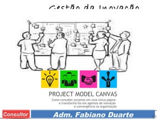 Prof. Adm. Esp. FabianoConsultor Adm. Fabiano Duarte
Gestão da Inovação
PROJECT MODEL CANVAS
Como conceber projetos em uma única página
e transformá-los em agentes de inovação
e convergência na organização
01
 