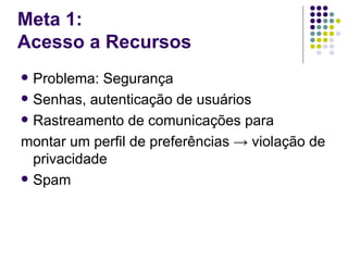 Meta 1:
Acesso a Recursos
 Problema: Segurança
 Senhas, autenticação de usuários

 Rastreamento de comunicações para

montar um perfil de preferências → violação de
  privacidade
 Spam
 