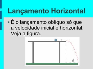 Lançamento Horizontal
●   É o lançamento oblíquo só que
    a velocidade inicial é horizontal.
    Veja a figura.
 