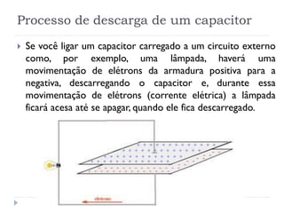 Processo de descarga de um capacitor
 Se você ligar um capacitor carregado a um circuito externo
como, por exemplo, uma lâmpada, haverá uma
movimentação de elétrons da armadura positiva para a
negativa, descarregando o capacitor e, durante essa
movimentação de elétrons (corrente elétrica) a lâmpada
ficará acesa até se apagar, quando ele fica descarregado.
 