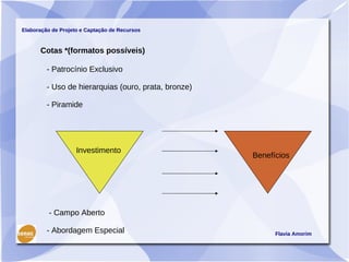 Elaboração de Projeto e Captação de Recursos



      Cotas *(formatos possíveis)

         - Patrocínio Exclusivo

         - Uso de hierarquias (ouro, prata, bronze)

         - Piramide




                    Investimento
                                                      Benefícios




          - Campo Aberto

         - Abordagem Especial                               Flavia Amorim
 