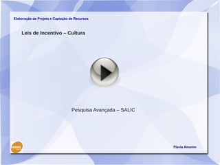 Elaboração de Projeto e Captação de Recursos



    Leis de Incentivo – Cultura




                                  Pesquisa Avançada – SALIC




                                                              Flavia Amorim
 