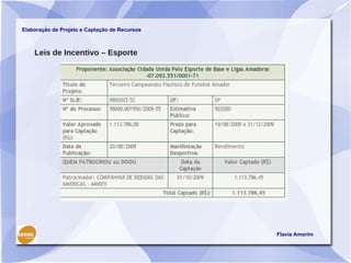 Elaboração de Projeto e Captação de Recursos



    Leis de Incentivo – Esporte




                                               Flavia Amorim
 
