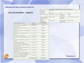 Elaboração de Projeto e Captação de Recursos



    Leis de Incentivo – Esporte




                                               Flavia Amorim
 