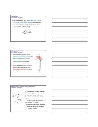 Coluna ideal
com apoios de pinos
• Por consequência, para determinar a carga crítica e
a forma da coluna quando flambada, aplicaremos a
eq. que correlaciona o momento interno na coluna
com sua forma defletida, isto é:
 xM
dx
vd
EI 2
2
Coluna ideal
com apoios de pinos
• Devemos observar que a carga crítica é
independente da resistência do material: mais
exatamente, ela depende somente das
dimensões da coluna (I e L) e da rigidez ou do
módulo de elasticidade do material (E).
• A coluna sofrerá flambagem em torno do eixo
principal da seção transversal que tenha o
menor momento de inércia (o eixo menos
resistente).
 2
2
2
2
/ rL
E
σ
L
EI
P
cr
cr




Pcr = carga crítica ou carga axial máx.
σcr = tensão crítica <
E = módulo de elasticidade para o
material
I = menor momento de inércia para a
área da seção transversal
L = comprimento da coluna sem apoio
r = menor raio de giração da coluna
L/r = índice de esbeltez
A equação da flambagem para uma coluna
comprida e esbelta:
σe
 