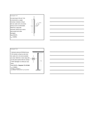 Um tubo de aço A-36 com 7,2m
de comprimento e a seção
transversal mostrada na Figura
deve ser usado como uma coluna
presa por pinos na extremidade.
Determine a carga axial
admissível máxima que a coluna
pode suportar sem sofrer
flambagem.
Eaço=200GPa
esc= 250MPa
Exemplo 13.1
O elemento estrutural W200x46 de aço
A-36 mostrado na figura ao lado deve
ser usado como uma coluna acoplada
por pinos. Determine a maior carga axial
que ele pode suportar antes de começar
a sofrer flambagem ou antes que o aço
escoe.
Eaço=200GPa Resposta: P=1.472,5kN
esc= 250MPa
Exemplo 13.2
Da Tabela no apêndice B:
AST=5.890mm2 Ix=45,5x106mm4 Iy=15,3x106mm4
 