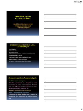10/3/2011
3
FORMAÇÃO DE EQUIPES
MULTIDISCIPLINARES
VER OTODO COM SUAS PARTES
INTEGRADAS E COM SUAS
FUNCIONALIDADES
DADOS SECUNDÁRIOS BÁSICO PARA A
CARACTERIZAÇÃO
FOTOS DE SATÉLITE
FOTOGRAFIAS AÉREAS
MAPAS DE DECLIVIDADE
MAPASTEMÁTICOS (HIDROLOGIA, FLORÍSTICO, SOLOS, TOPOGRÁFICOS
FOTOINTERPRETAÇÃO DE IMAGENS
CONSTRUÇÃO DE UM SIG –GERAÇÃO DE BANCOS DE DADOS
DEFINIÇÃO DE POTENCIALIDADES DE AUTO-RECUPERAÇÃO
ANÁLISE DOS BANCOS DE DADOS CONTRUIDOS
Dados de importância fundamental, pois:
- Identificar-se com a paisagem
- Visualizar previamente as situações a serem
encontradas em campo, como fragmentos florestais,
áreas com edificações, pastos, culturas anuais, áreas
abandonadas, plantios comerciais, etc.
- Identificar potenciais de auto recuperação
- Iniciar o planejamento da restauração
-Dependendo da data da imagem, sentir o histórico de
ocupação da área comparando uso anterior com uso
atual
 