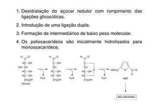 1.  Desidratação do açúcar redutor com rompimento das
ligações glicosídicas.
2.  Introdução de uma ligação dupla.
3.  Formação de intermediários de baixo peso molecular.
4.  Os polissacarídeos são inicialmente hidrolisados para
monossacarídeos.
 