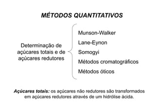MÉTODOS QUANTITATIVOS
Determinação de
açúcares totais e de
açúcares redutores
Munson-Walker
Lane-Eynon
Somogyi
Métodos cromatográficos
Métodos óticos
Açúcares totais: os açúcares não redutores são transformados
em açúcares redutores através de um hidrólise ácida.
 