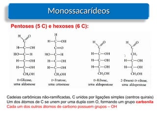 Monossacarídeos
Monossacarídeos
Pentoses (5 C) e hexoses (6 C):
Cadeias carbônicas não-ramificadas, C unidos por ligações simples (centros quirais)
Um dos átomos de C se unem por uma dupla com O, formando um grupo carbonila
Cada um dos outros átomos de carbono possuem grupos – OH
 
