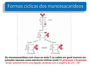 Formas cíclicas dos monossacarídeos
Formas cíclicas dos monossacarídeos
Os monossacarídeos com cinco ou mais C na cadeia em geral ocorrem em
soluções aquosas como estruturas cíclicas (anel) >> piranoses e furanoses
Grupo carbonila forma uma ligação covalente com o oxigênio de um – OH
 