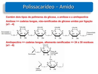 Polissacarídeo – Amido
Polissacarídeo – Amido
Contém dois tipos de polímeros da glícose, a amilose e a amilopectina
Amilose >> cadeias longas, não-ramificadas de glicose unidas por ligação
(α1→4)
Amilopectina >> cadeias longas, altamente ramificadas >> 24 a 30 resíduos
(α1→6)
 