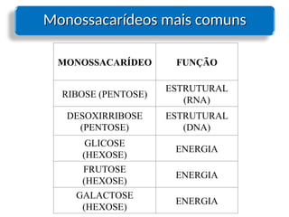 Monossacarídeos mais comuns
Monossacarídeos mais comuns
MONOSSACARÍDEO FUNÇÃO
RIBOSE (PENTOSE)
ESTRUTURAL
(RNA)
DESOXIRRIBOSE
(PENTOSE)
ESTRUTURAL
(DNA)
GLICOSE
(HEXOSE)
ENERGIA
FRUTOSE
(HEXOSE)
ENERGIA
GALACTOSE
(HEXOSE)
ENERGIA
 