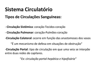 Sistema Circulatório
Tipos de Circulações Sanguíneas:
- Circulação Sistêmica: coração-Tecidos-coração
- Circulação Pulmonar: coração-Pulmões-coração
-Circulação Colateral: ocorre em função das anastomoses dos vasos
“É um mecanismo de defesa em situações de obstrução”
-Circulação Portal: tipo de circulação em que uma veia se interpõe
entre duas redes de capilares.
“Ex: circulação portal-hepática e hipofisária”
 