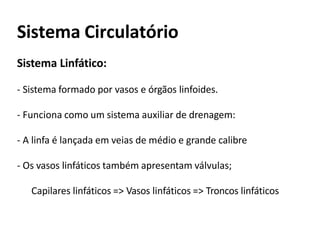 Sistema Circulatório
Sistema Linfático:
- Sistema formado por vasos e órgãos linfoides.
- Funciona como um sistema auxiliar de drenagem:
- A linfa é lançada em veias de médio e grande calibre
- Os vasos linfáticos também apresentam válvulas;
Capilares linfáticos => Vasos linfáticos => Troncos linfáticos
 