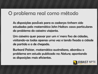 O problema real como método
 As disposições possíveis para os cadarços tinham sido
 estudadas pelo matemático John Halton: casos particulares
 do problema do caixeiro viajante.
 Um caixeiro quer passar por um número fixo de cidades,
 visitando-as todas apenas uma vez e tendo fixada a cidade
 de partida e a de chegada.
 Burkard Polster, matemático australiano, abordou o
 problema em estudo publicado na Nature, apontando
 as disposições mais eficientes.
 
