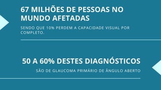 67 MILHÕES DE PESSOAS NO
MUNDO AFETADAS
SENDO QUE 10% PERDEM A CAPACIDADE VISUAL POR
COMPLETO.
50 A 60% DESTES DIAGNÓSTICOS
SÃO DE GLAUCOMA PRIMÁRIO DE ÂNGULO ABERTO
 