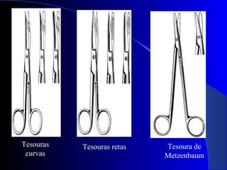 Tesouras
curvas
Tesouras retas Tesoura de
Metzenbaum
 