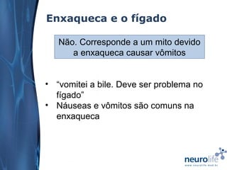 Enxaqueca e o fígado
Não. Corresponde a um mito devido
a enxaqueca causar vômitos
• “vomitei a bile. Deve ser problema no
fígado”
• Náuseas e vômitos são comuns na
enxaqueca

 