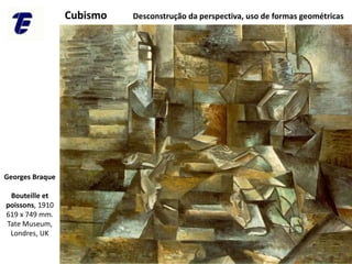 CEFET-RJ Campus Maria da Graça
Cubismo Desconstrução da perspectiva, uso de formas geométricas
Georges Braque
Bouteille et
poissons, 1910
619 x 749 mm.
Tate Museum,
Londres, UK
 