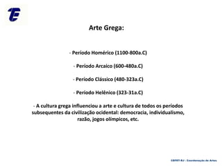 - Período Homérico (1100-800a.C)
- Período Arcaico (600-480a.C)
- Período Clássico (480-323a.C)
- Período Helênico (323-31a.C)
- A cultura grega influenciou a arte e cultura de todos os períodos
subsequentes da civilização ocidental: democracia, individualismo,
razão, jogos olímpicos, etc.
Arte Grega:
CEFET-RJ - Coordenação de Artes
 