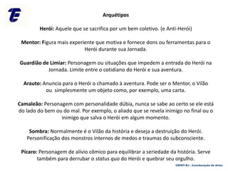 Arquétipos
Herói: Aquele que se sacrifica por um bem coletivo. (e Anti-Herói)
Mentor: Figura mais experiente que motiva e fornece dons ou ferramentas para o
Herói durante sua Jornada.
Guardião de Limiar: Personagem ou situações que impedem a entrada do Herói na
Jornada. Limite entre o cotidiano do Herói e sua aventura.
Arauto: Anuncia para o Herói o chamado à aventura. Pode ser o Mentor, o Vilão
ou simplesmente um objeto como, por exemplo, uma carta.
Camaleão: Personagem com personalidade dúbia, nunca se sabe ao certo se ele está
do lado do bem ou do mal. Por exemplo, o aliado que se revela inimigo no final ou o
inimigo que salva o Herói em algum momento.
Sombra: Normalmente é o Vilão da história e deseja a destruição do Herói.
Personificação dos monstros internos de medos e traumas do subconsciente.
Pícaro: Personagem de alívio cômico para equilibrar a seriedade da história. Serve
também para derrubar o status quo do Herói e quebrar seu orgulho.
CEFET-RJ - Coordenação de Artes
 