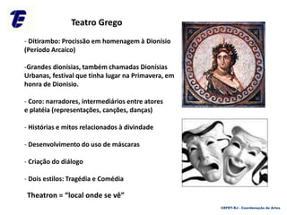 Teatro Grego
- Ditirambo: Procissão em homenagem à Dionísio
(Período Arcaico)
-Grandes dionísias, também chamadas Dionísias
Urbanas, festival que tinha lugar na Primavera, em
honra de Dionisio.
- Coro: narradores, intermediários entre atores
e platéia (representações, canções, danças)
- Histórias e mitos relacionados à divindade
- Desenvolvimento do uso de máscaras
- Criação do diálogo
- Dois estilos: Tragédia e Comédia
Theatron = “local onde se vê”
CEFET-RJ - Coordenação de Artes
 
