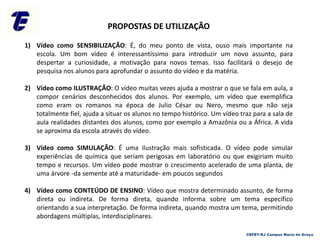 PROPOSTAS DE UTILIZAÇÃO
1) Vídeo como SENSIBILIZAÇÃO: É, do meu ponto de vista, ouso mais importante na
escola. Um bom vídeo é interessantíssimo para introduzir um novo assunto, para
despertar a curiosidade, a motivação para novos temas. Isso facilitará o desejo de
pesquisa nos alunos para aprofundar o assunto do vídeo e da matéria.
2) Vídeo como ILUSTRAÇÃO: O vídeo muitas vezes ajuda a mostrar o que se fala em aula, a
compor cenários desconhecidos dos alunos. Por exemplo, um vídeo que exemplifica
como eram os romanos na época de Julio César ou Nero, mesmo que não seja
totalmente fiel, ajuda a situar os alunos no tempo histórico. Um vídeo traz para a sala de
aula realidades distantes dos alunos, como por exemplo a Amazônia ou a África. A vida
se aproxima da escola através do vídeo.
3) Vídeo como SIMULAÇÃO: É uma ilustração mais sofisticada. O vídeo pode simular
experiências de química que seriam perigosas em laboratório ou que exigiriam muito
tempo e recursos. Um vídeo pode mostrar o crescimento acelerado de uma planta, de
uma árvore -da semente até a maturidade- em poucos segundos
4) Vídeo como CONTEÚDO DE ENSINO: Vídeo que mostra determinado assunto, de forma
direta ou indireta. De forma direta, quando informa sobre um tema específico
orientando a sua interpretação. De forma indireta, quando mostra um tema, permitindo
abordagens múltiplas, interdisciplinares.
CEFET-RJ Campus Maria da Graça
 