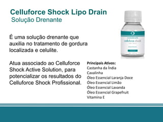 Celluforce Shock Lipo Drain
Solução Drenante

É uma solução drenante que
auxilia no tratamento de gordura
localizada e celulite.

Atua associado ao Celluforce     Principais Ativos:
                                 Castanha da Índia
Shock Active Solution, para      Cavalinha
potencializar os resultados do   Óleo Essencial Laranja Doce
Celluforce Shock Profissional.   Óleo Essencial Limão
                                 Óleo Essencial Lavanda
                                 Óleo Essencial Grapefruit
                                 Vitamina E
 