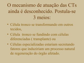 O mecanismo de atuação das CTs
ainda é desconhecido. Postula-se
3 meios:
• Célula tronco se transformando em outros
tecidos,
• Célula tronco se fundindo com células
diferenciadas ( transplante) ou
• Células especializadas estariam secretando
fatores que induziriam um processo natural
de regeneração do órgão afetado.
 