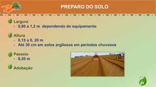 20
Largura
- 0,80 a 1,2 m dependendo do equipamento
Altura
- 0,15 a 0, 20 m
- Até 30 cm em solos argilosos em períodos chuvosos
Passeio
- 0,30 m
Adubação
PREPARO DO SOLO
 