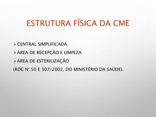 ESTRUTURA FÍSICA DA CME
CENTRAL SIMPLIFICADA
ÁREA DE RECEPÇÃO E LIMPEZA
ÁREA DE ESTERILIZAÇÃO
(RDC N° 50 E 307/2002, DO MINISTÉRIO DA SAÚDE).
 