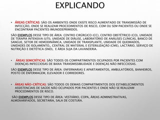 EXPLICANDO
• ÁREAS CRÍTICAS: SÃO OS AMBIENTES ONDE EXISTE RISCO AUMENTADO DE TRANSMISSÃO DE
INFECÇÃO, ONDE SE REALIZAM PROCEDIMENTOS DE RISCO, COM OU SEM PACIENTES OU ONDE SE
ENCONTRAM PACIENTES IMUNODEPRIMIDOS.
SÃO EXEMPLOS DESSE TIPO DE ÁREA: CENTRO CIRÚRGICO (CC), CENTRO OBSTÉTRICO (CO), UNIDADE
DE TERAPIA INTENSIVA (UTI), UNIDADE DE DIÁLISE, LABORATÓRIO DE ANÁLISES CLÍNICAS, BANCO DE
SANGUE, SETOR DE HEMODINÂMICA, UNIDADE DE TRANSPLANTE, UNIDADE DE QUEIMADOS,
UNIDADES DE ISOLAMENTO,, CENTRAL DE MATERIAL E ESTERILIZAÇÃO (CME), LACTÁRIO, SERVIÇO DE
NUTRIÇÃO E DIETÉTICA (SND), E ÁREA SUJA DA LAVANDERIA.
• ÁREAS SEMICRÍTICAS: SÃO TODOS OS COMPARTIMENTOS OCUPADOS POR PACIENTES COM
DOENÇAS INFECCIOSAS DE BAIXA TRANSMISSIBILIDADE E DOENÇAS NÃO INFECCIOSAS.
SÃO EXEMPLOS DESSE TIPO DE ÁREA: ENFERMARIAS E APARTAMENTOS, AMBULATÓRIOS, BANHEIROS,
POSTO DE ENFERMAGEM, ELEVADOR E CORREDORES.
• ÁREAS NÃO-CRÍTICAS: SÃO TODOS OS DEMAIS COMPARTIMENTOS DOS ESTABELECIMENTOS
ASSISTENCIAIS DE SAÚDE NÃO OCUPADOS POR PACIENTES E ONDE NÃO SE REALIZAM
PROCEDIMENTOS DE RISCO.
SÃO EXEMPLOS DESSE TIPO DE ÁREA: VESTIÁRIO, COPA, ÁREAS ADMINISTRATIVAS,
ALMOXARIFADOS, SECRETARIA, SALA DE COSTURA.
 