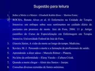 Sugestão para leitura

1.   Sobre a Morte e o Morrer – Elisabeth Kubler-Ross – Martins Fonte,
2.   ROCHA, Renata Alves et al. O Enfermeiro na Unidade de Terapia
     Intensiva: um enfoque sobre seus sentimentos no cuidado diário de
     pacientes em processo de morte. Juiz de Fora, 2004. 11 p. Artigo
     científico do Curso de Especialização em Enfermagem em Terapia
     Intensiva. Universidade Federal de Juiz de Fora,
3.   Giacoia Júnior, A visão da morte ao longo do tempo. Medicina,
4.   Kovács, M. J. Pensando a morte e a formação de profissionais de saúde.
5.   Aprendendo a dizer adeus – Marcelo Rittner – Planeta,
6.   No leito da enfermidade – Eleny Vassão – Cultura Cristã,
7.   Quando a morte chegar – Almir dos Santos – Juerpe.
8.   Consultas diversas extraídas de fontes anônimas.
 