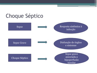 Choque Séptico
Sepse
Sepse Grave
Choque Séptico
Resposta sistêmica à
infecção
Disfunção de órgãos
e sistemas
Sepse grave
associada a
hipoperfusão
tissular
 