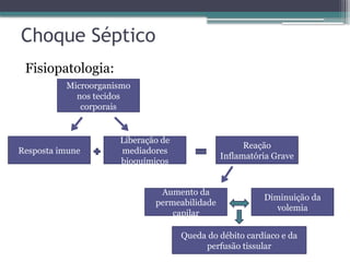Choque Séptico
Fisiopatologia:
Aumento da
permeabilidade
capilar
Resposta imune
Microorganismo
nos tecidos
corporais
Diminuição da
volemia
Queda do débito cardíaco e da
perfusão tissular
Liberação de
mediadores
bioquímicos
Reação
Inflamatória Grave
 