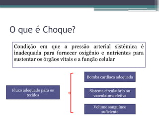 O que é Choque?
Condição em que a pressão arterial sistêmica é
inadequada para fornecer oxigênio e nutrientes para
sustentar os órgãos vitais e a função celular
Fluxo adequado para os
tecidos
Bomba cardíaca adequada
Sistema circulatório ou
vasculatura efetiva
Volume sanguíneo
suficiente
 